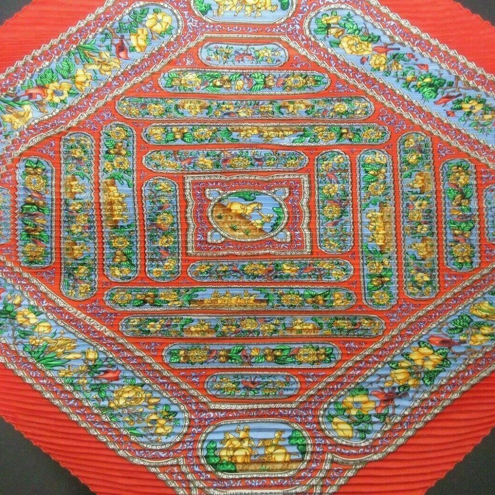 HERMES Pleated Scarf 100% Silk "QALAMDAN" Red
